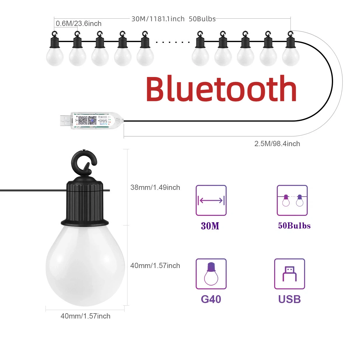 Outdoor waterdichte LED-lichtslinger USB 15M 25 lampen Kerstverlichting Bluetooth LED-slingerlamp Kamer Tuin Camping Kerstdecoratie
