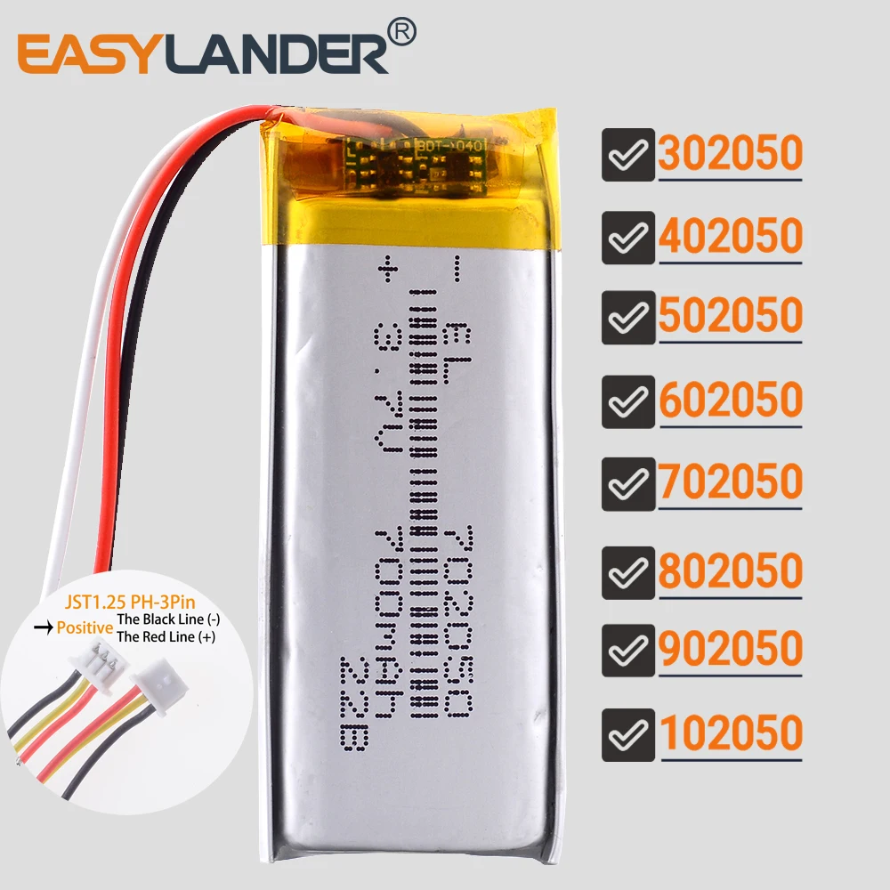 JST1,25 mm 3-poliger 802050 3,7 V 900 mAh wiederaufladbarer Lipo-Li-Polymer-Li-Ionen-Akku 302050 402050 502050 602050 702050 902050 102050