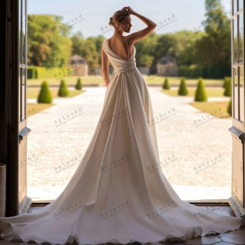Graceful Wedding Dresses Satin A-Line Bridal Gowns V-Neck High Split Robes For Formal Party Pretty Vestidos De Novia Customized