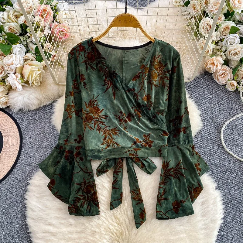 

OCEANLOVE Flare Sleeve Women Shirts&blouses Bandage V Neck Print Flowers Blusas Mujer Vintage Fashion Elegant Camisas