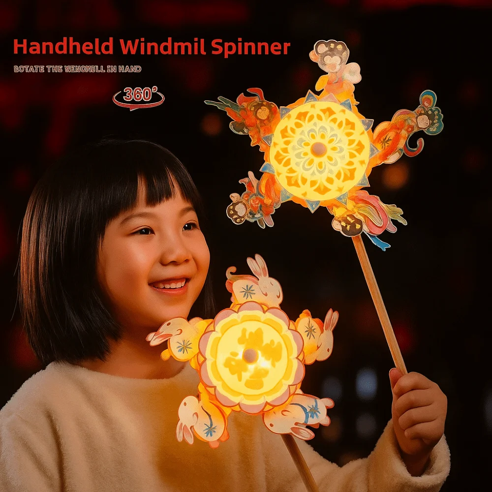 Light up Rotating Windmill Lantern China-Chic Handmade Mid Autumn Lantern Handheld DIY Material Bag Rabbit Windmill Lantern