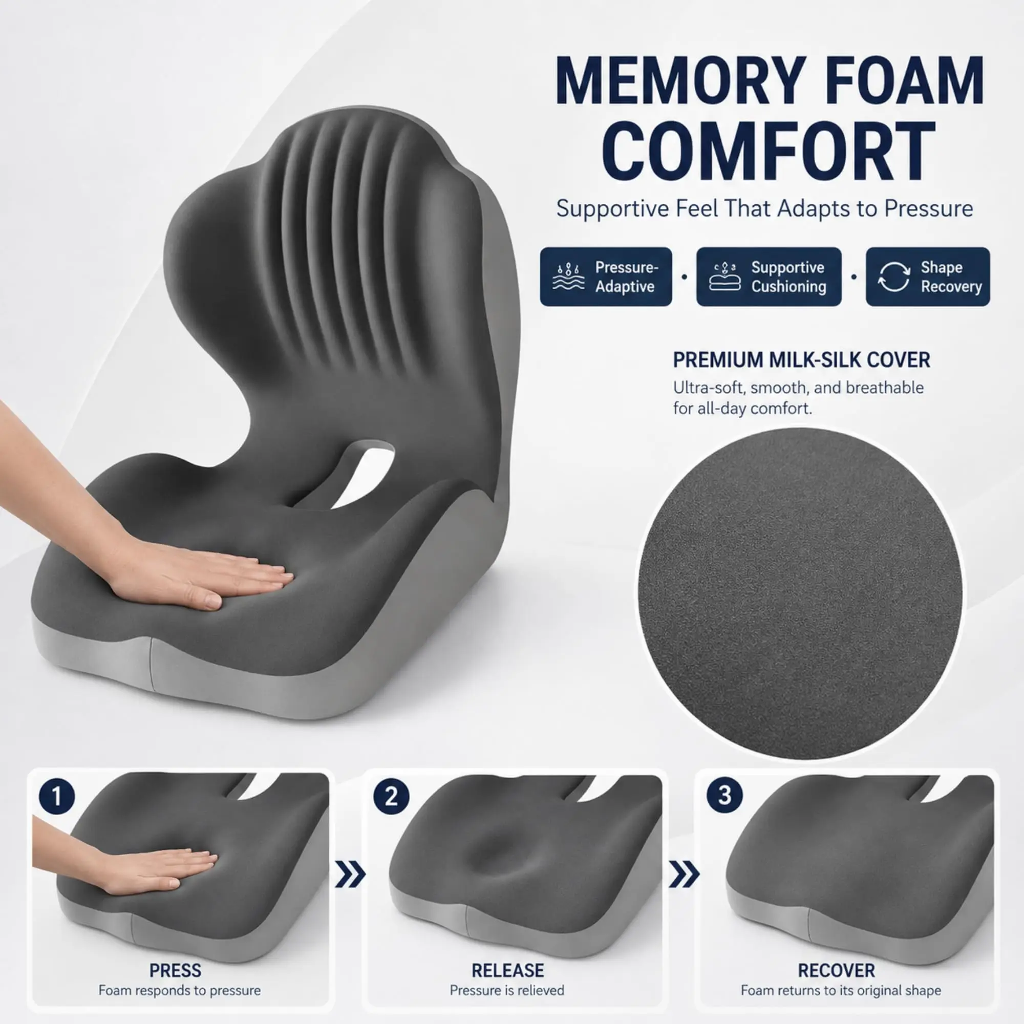 Ergonomic Memory Foam Seat Cushion with Lumbar Support, L-Shaped Hollow Pad, Non-Slip Washable Cover Back Pain Relief for Office