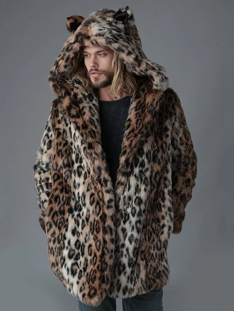 Hot Selling Men's Leopard Print Coat Winter Coat Fashion Men's Punk Jacket Street Wear Long Faux Fur Coat