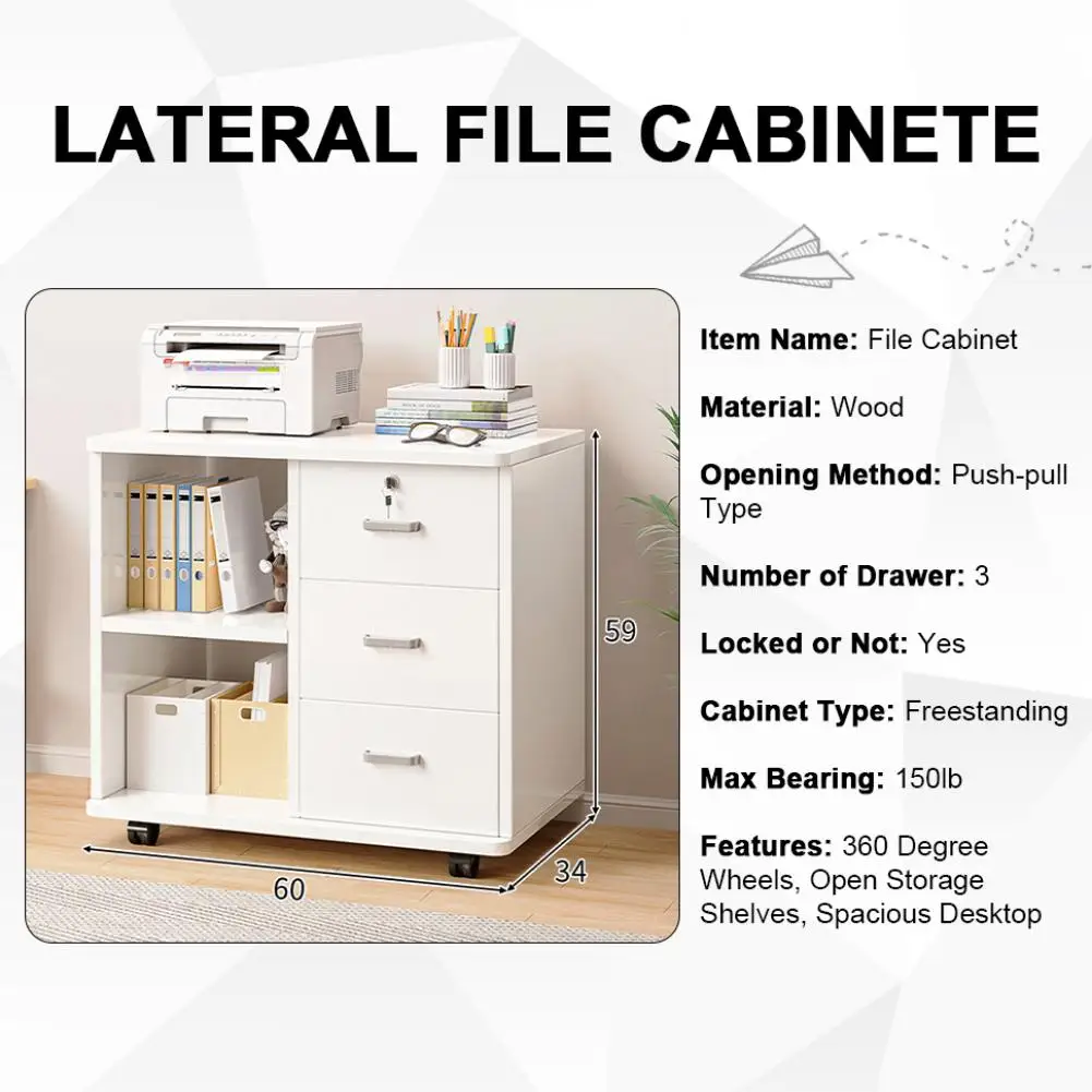 1Pc Wood File Cabinet, Strong Load-bearing Office Storage Cabinet, Rounded Corner Mobile Lateral Filing Cabinet for Home Office