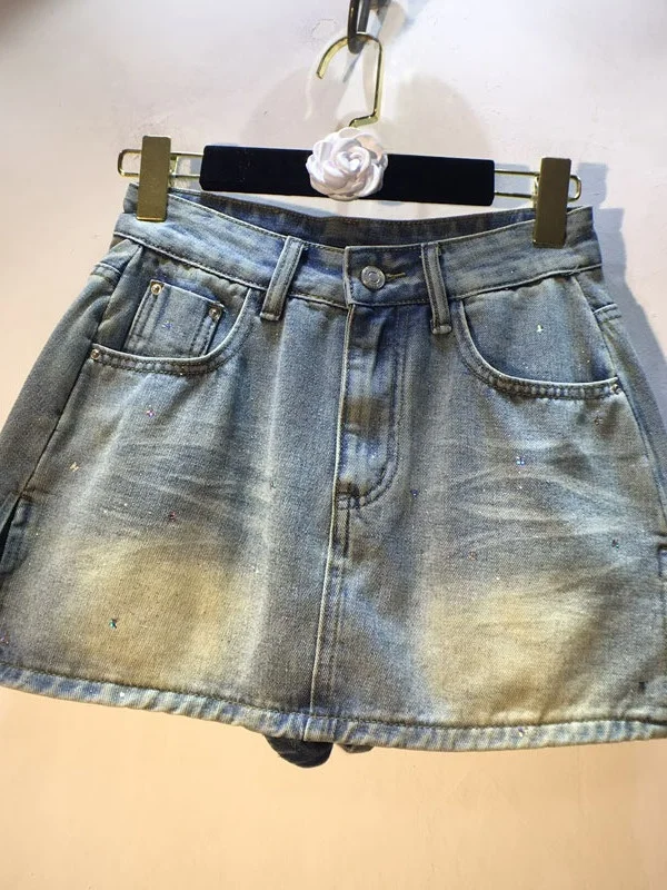 Spring 2026 High Waist  Rhinestone Short Denim Skirt Women's Half Body Skirt Side Split Glitter Fabric A-Line Skirt