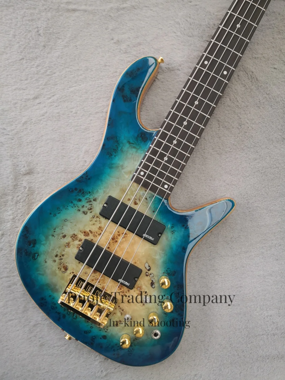 5 Strings Blue Bass guitar Burl maple top Maple neck through ash body Rose wood fingerboard oval inlaid gold  bridge