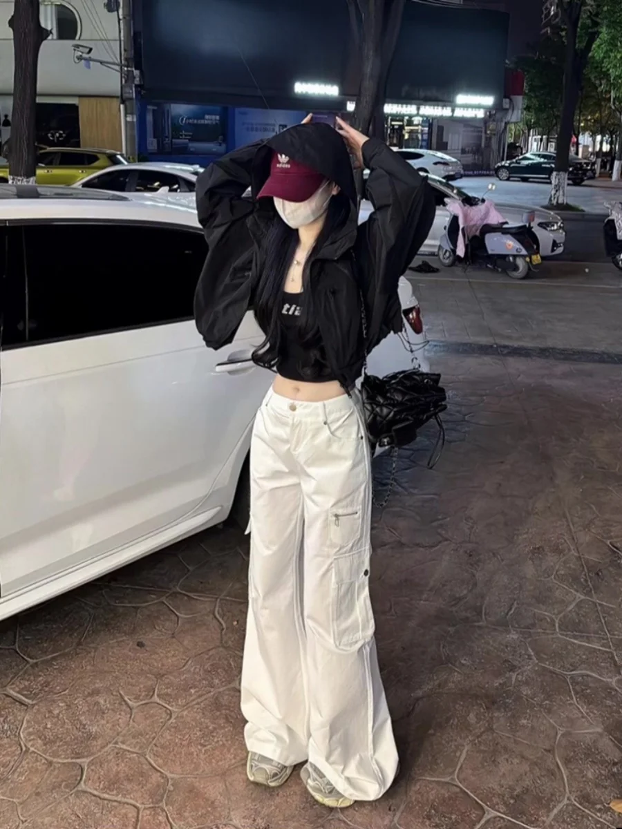 Pantalon de travail blanc rétro américain pour femmes, taille haute, jambe droite, décontracté, jambes larges, plusieurs bouts, ample, longueur au sol...