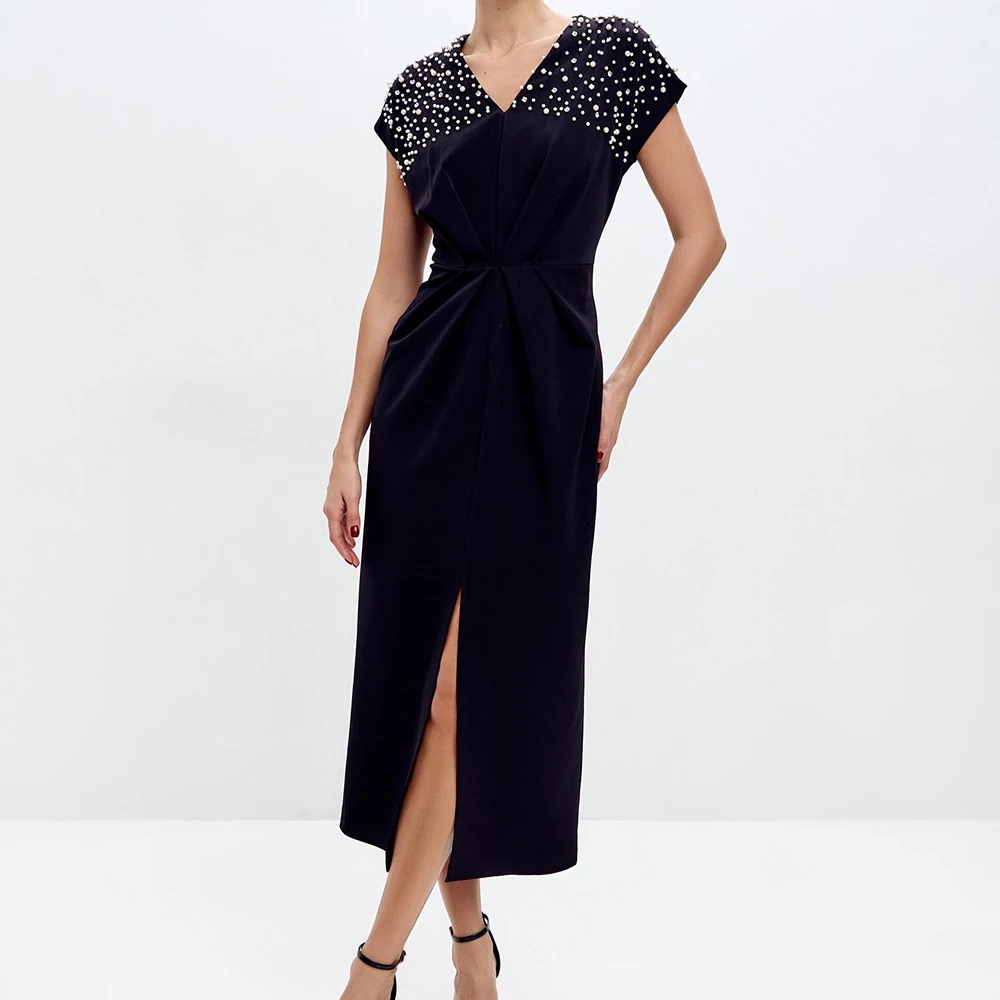 فساتين سهرة مستقيمة مخصصة بطول الشاي ورقبة على شكل حرف V بدون أكمام فستان حفلات بسيط مطرز بالكريستال فستان كاجوال للحفلات #3