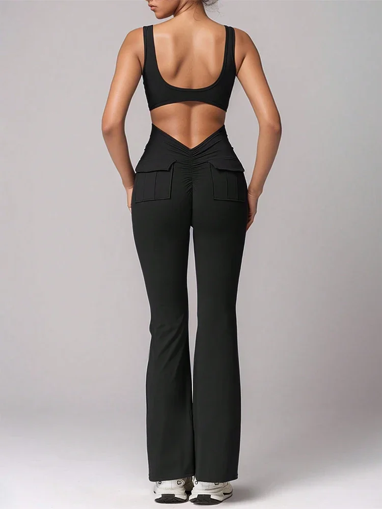 

Women's Sleeveless Bodysuit With Pockets Flared Hem Jumpsuit - Black Slim Fit Sexy Yoga Wear Best for Spring and Summer