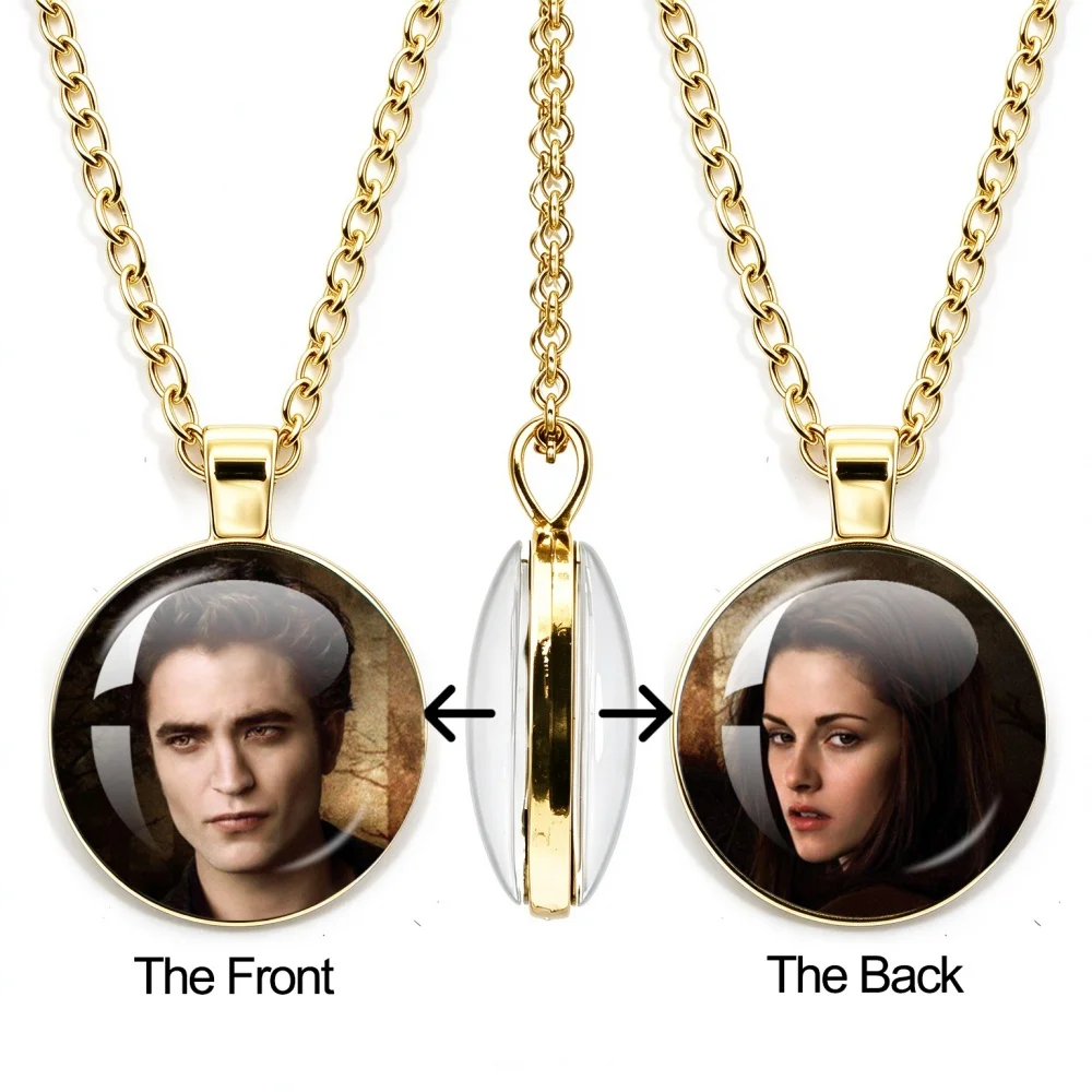 Classic Movie Twilight Character Bella Edward Double Sided Glass Cabochon Pendant Gold Color Necklace Jewelry Fans Gift