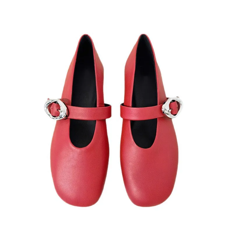 Dave&di Minimalist Sheepskin Red Retro Style Versatile Round Toe Flat Sole Shoes For Women Genuine Leather Mary Jane Shoes 2026