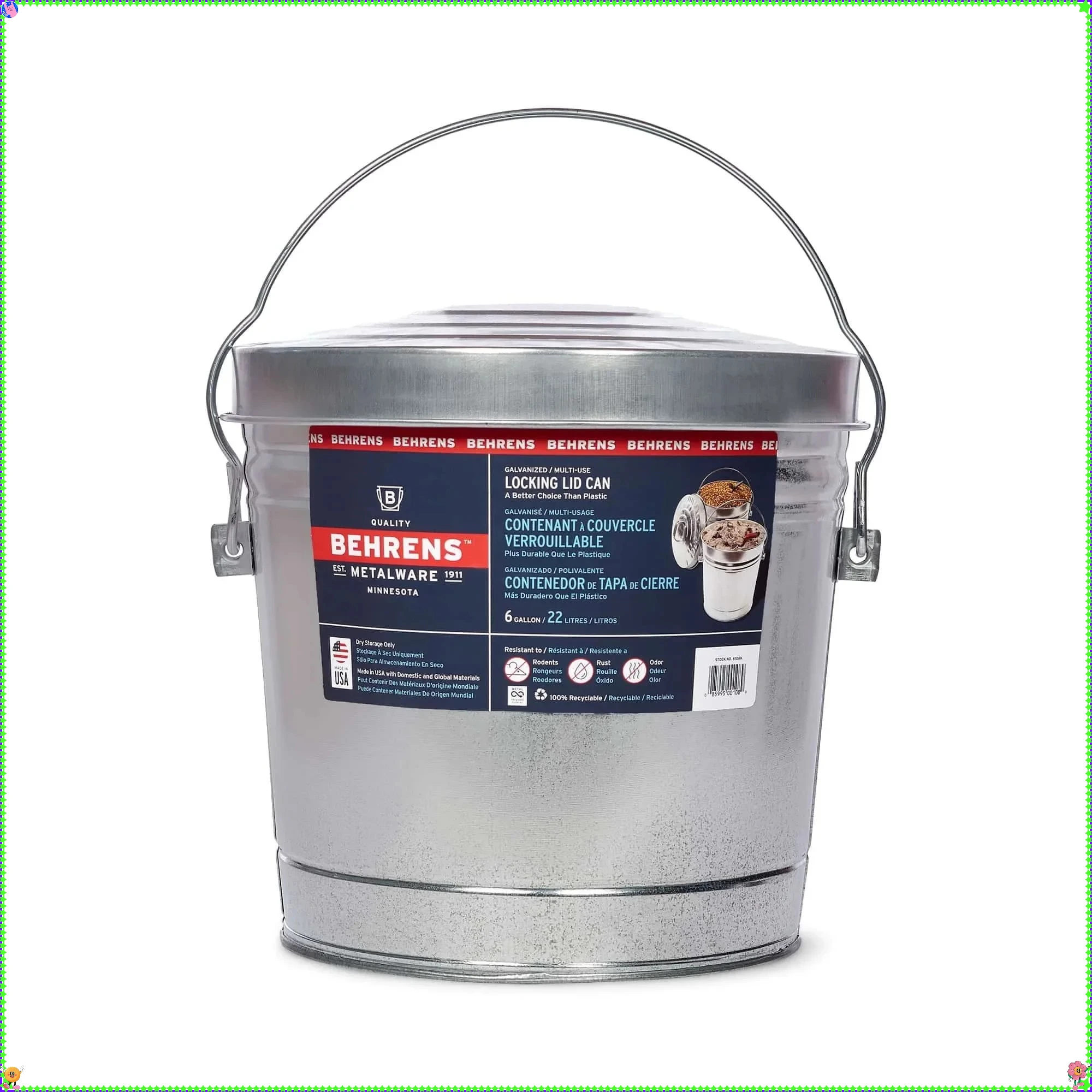 

Steel Locking Lid Storage Jar, 6 Gallon, made of the highest quality galvanized steel and featuring a heavy-duty wire ring