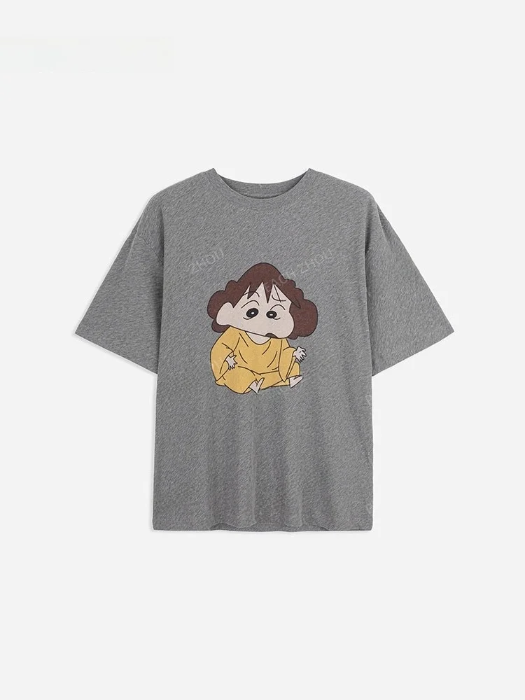 

PEACHZHOU Женская повседневная футболка свободного кроя из чистого хлопка с мультяшным принтом, круглым вырезом и коротким рукавом, летний топ с эффектом омоложения