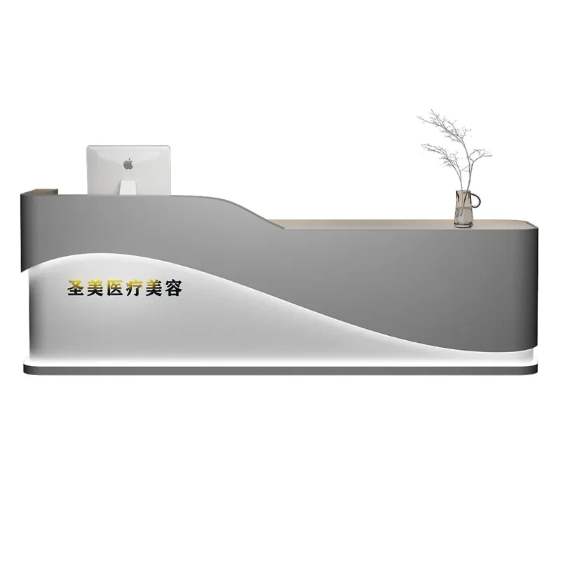 Milky White Curved Reception Desk with Storage for Nail Salon Beauty Shop Commercial Bar Counter Integrated Checkout Station