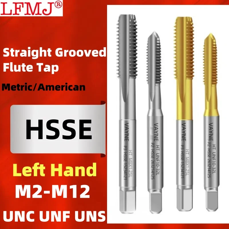 1PCS HSSE Left Hand Metric /American Fine Straight Grooved Flute Tap TIN-Coating M2M3M4M5M6M8M10M12UNC UNF UNS 1/4 5/16 6-32 tap