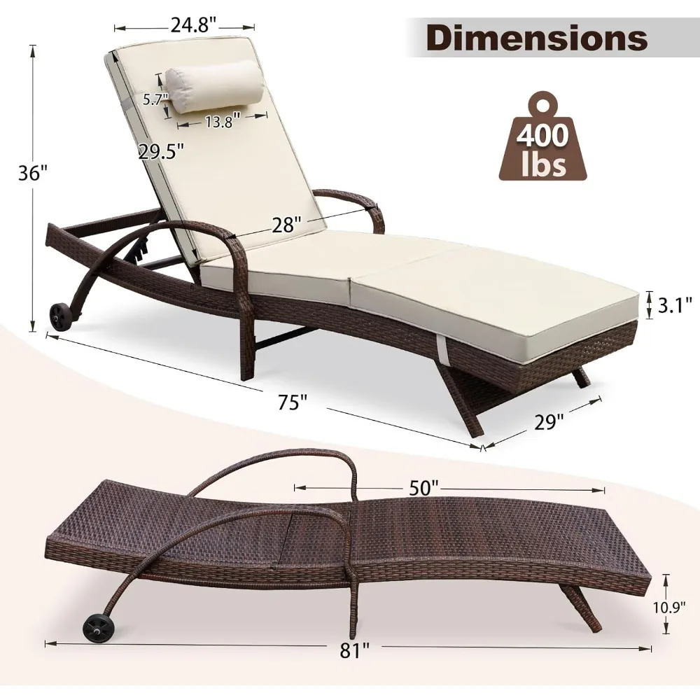 야외 라운지 의자 세트, 바퀴, 쿠션, 조절 가능한 등받이 및 베개, 해변 의자, 해변 위커 체이스 2 개