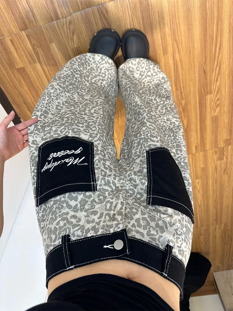 

American Style Retro Leopard Print Women's Jeans Loose Wide Leg Pants Summer New Design Casual High Waist Denim Casual Pants