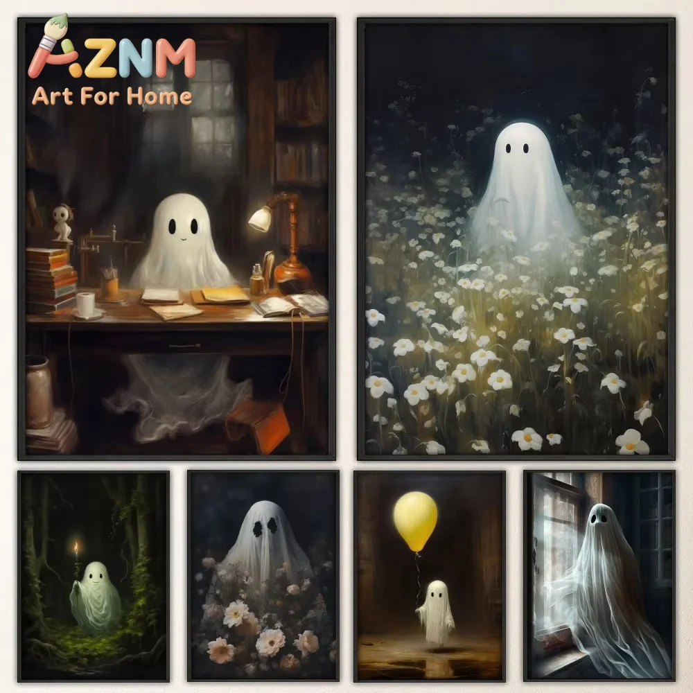 Ghost HauntedManor Halloween Cute Fancy Poster Wall Sticker for Living Room Bar Vintage Decorative Painting Middle
