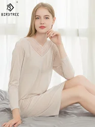 Birdtree 10% Natural Silk Women's Loose Large Nightdress, Knitting Long Sleeve, Medium Thin, Home Clothes, Autumn P3D569QM