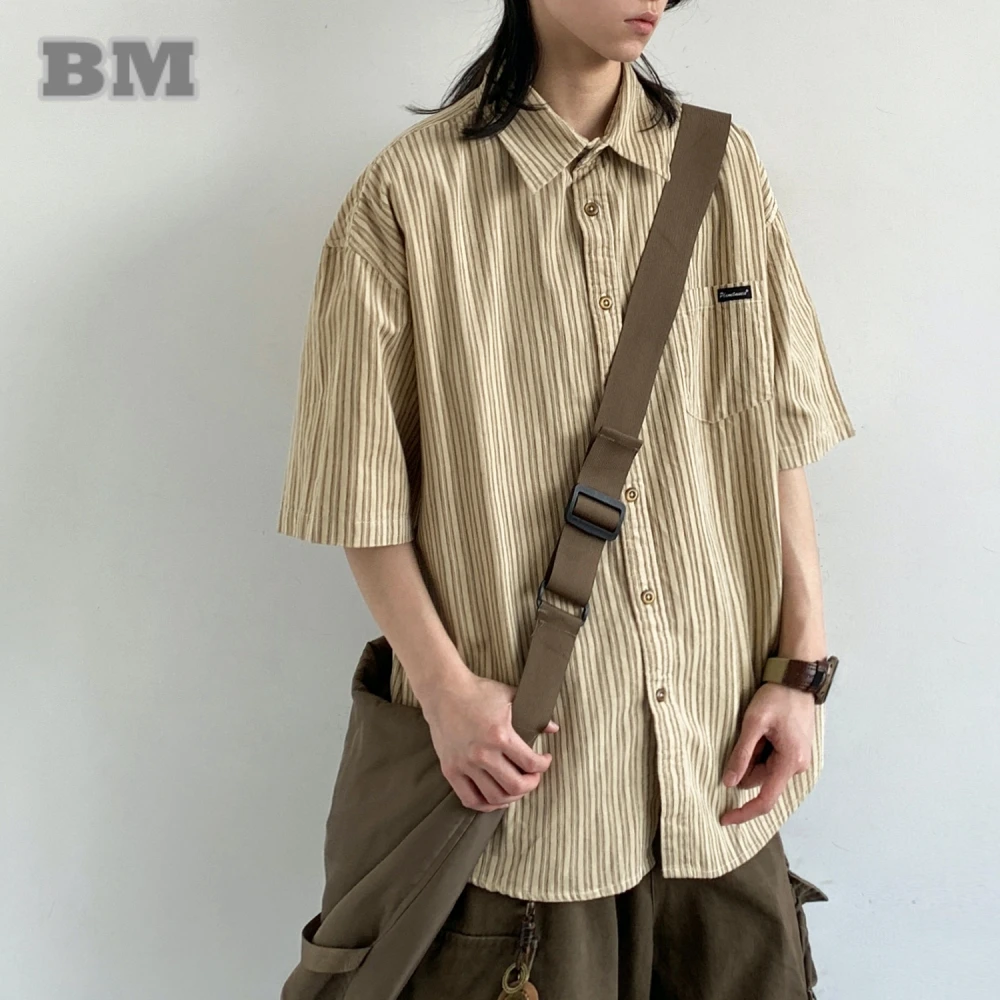 

Japanese Vintage Striped Shirt Unisex 100% Cotton Short Sleeve Men Women Preppy Style Summer Casual Premium Quality Trendy Top