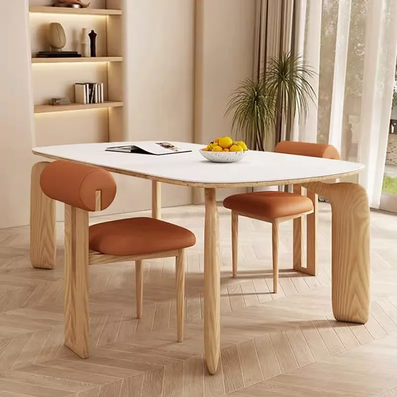 XL Log Cream Style Light Luxury Modern Stone Plate Solid Wood Rectangular Dining Table and Chair