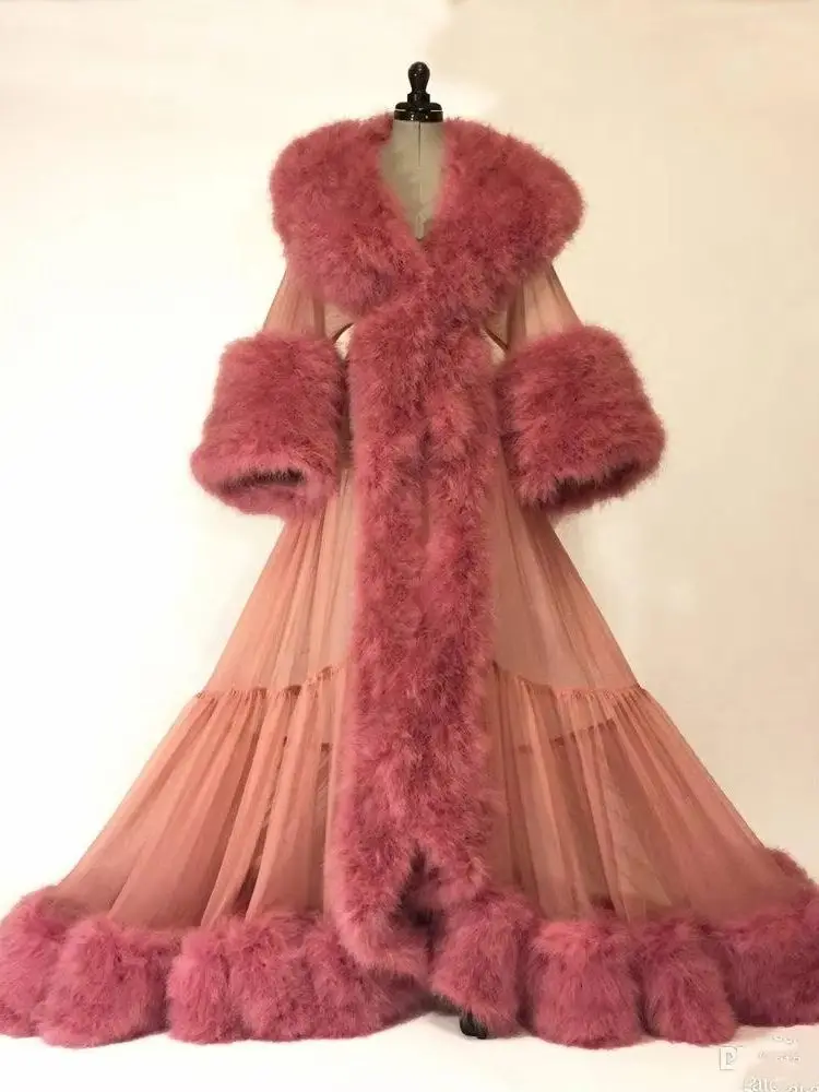 Women's Bathrobe Fur Long Sleeves Nightgown Pajamas Lingerie Famale Occasions Photo Gowns Housecoat Nightwear Shawl Customized
