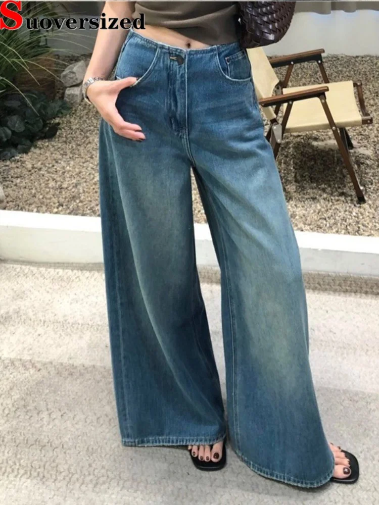 

Корейские модные винтажные джинсы с высокой талией, женские повседневные свободные прямые джинсовые брюки, уличная одежда, новые ретро-джинсы с эффектом потертости, свободные джинсы-вахерос