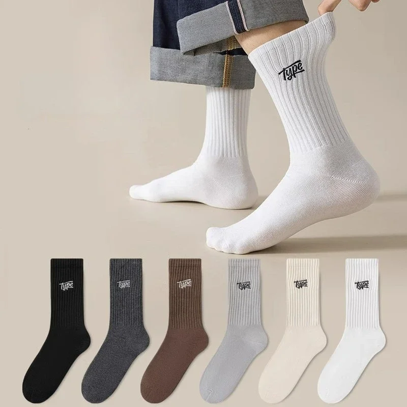 

6 пар мужских носков средней длины для весны и осени, с надписью, антибактериальные, влагопоглощающие, спортивные, простые, удобные, повседневные носки