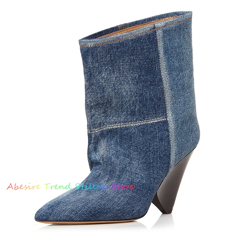 Blue Denim Patchwork Pointed Toe Cone Heel Ankle Boots Women Fashion Runway Thick Heel Designer Brand Ladies Short Boots