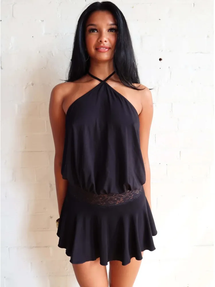 Articat sexy pendurado colarinho sem costas magro conjunto de duas peças para mulheres cor sólida topo mini saia conjunto primavera verão nova férias praia