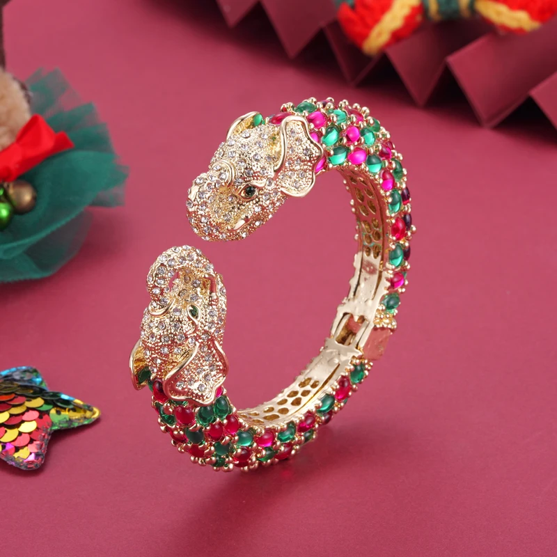 Sally's Paradise Resin Colorful Two Heads Elephant Bangles Crystal Animal Jewelry Gold Plated Cuff Bracelets For Women 11199