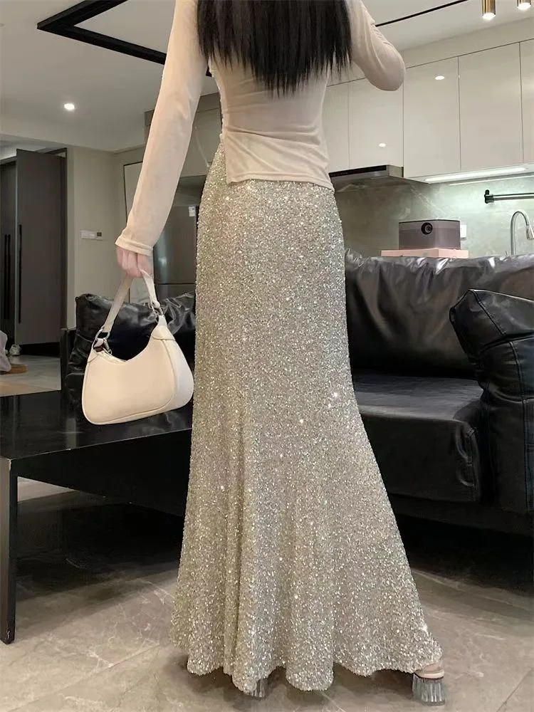 Solid Skirts Women A-line Elastic Waist Slim Sequined All-match Casual Temperament Elegant Ladies Korean Style Attractive Spring