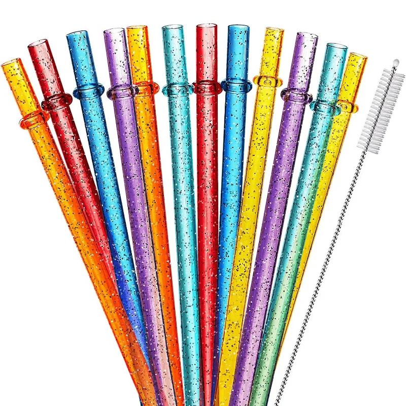 24pcs Shimmering Glitter Reusable Plastic Straws BPA-Free Beverage Straw With Cleaning Brush Unbreakable Straw set for Party Bar