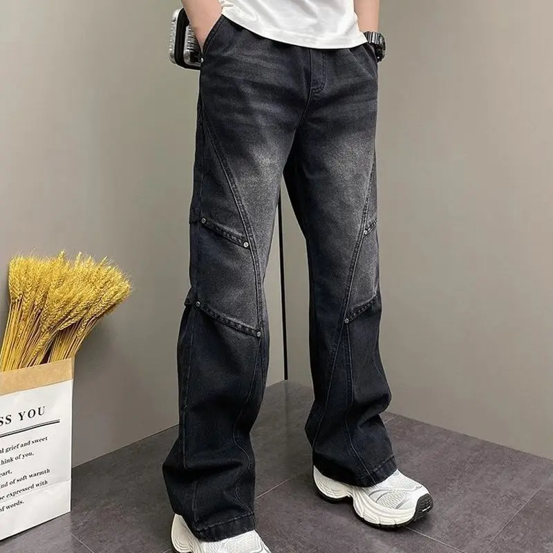 Men's Trendy Deconstructed Jeans Elastic Waist Loose Straight High Street American Slight Flare Pants