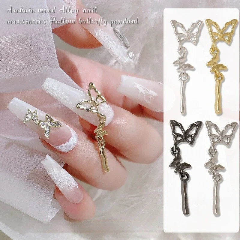 10Pcs New Butterfly Pendant Nail Charms, Ins Luxury Three-section Long Chain Dangles For Stylish Nail Art DIY Decoration