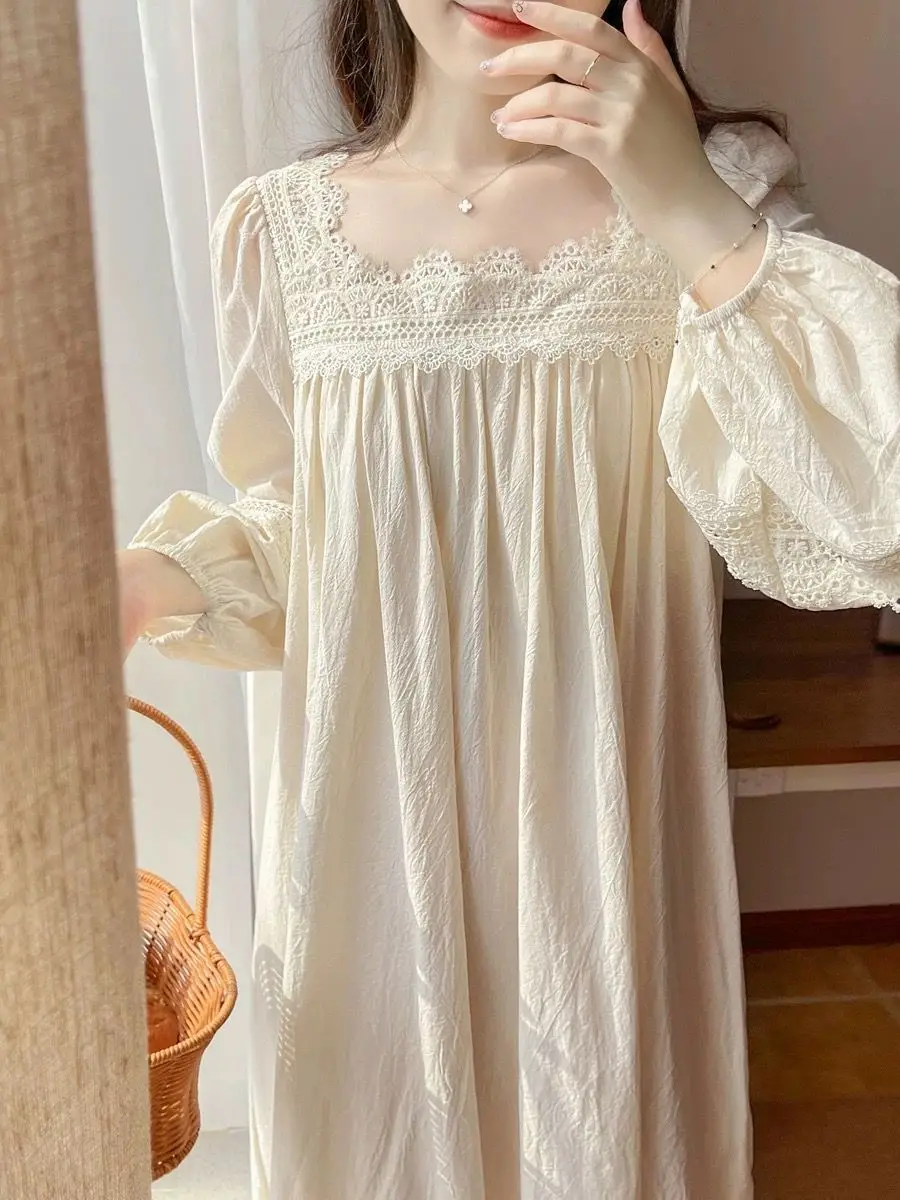 

Ночная рубашка большого размера, весна-осень, корейский стиль, милый стиль принцессы, кружево, новая домашняя одежда с длинными рукавами, ночное платье, женские подарки