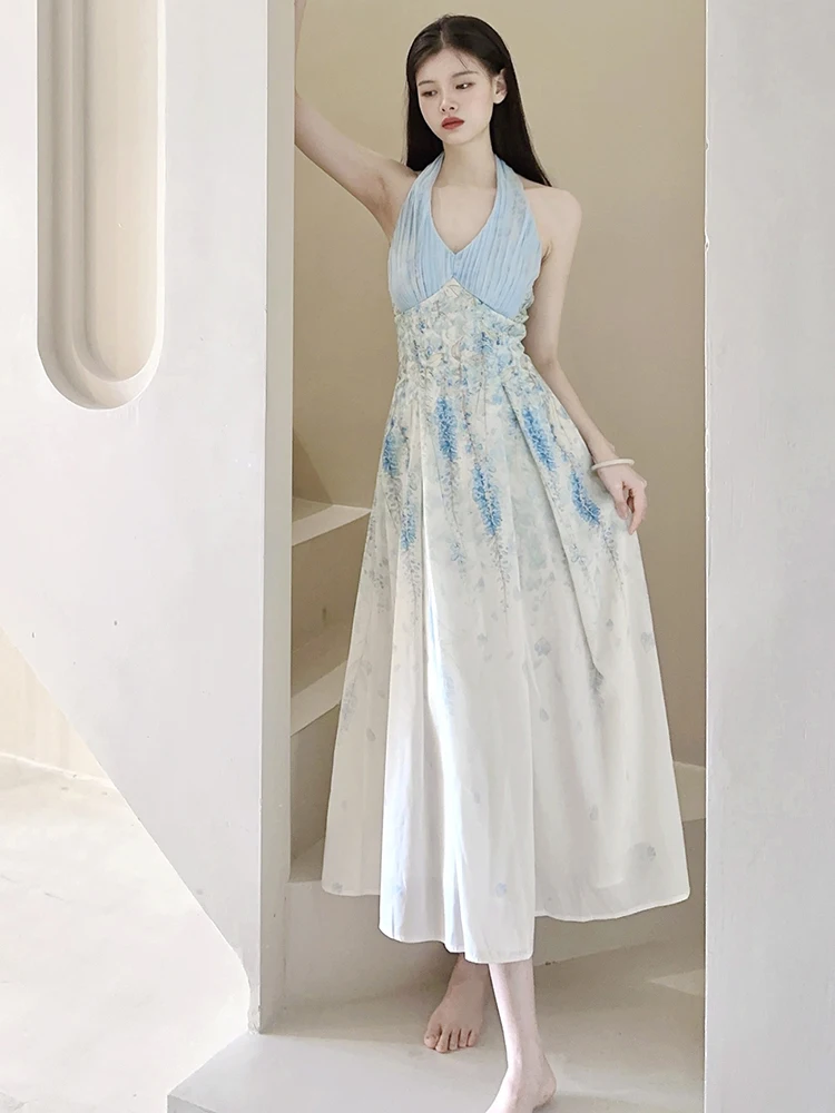 Jmprs 꽃 섹시한 홀터 비치 드레스 여성 우아한 슬림 달콤한 민소매 빈티지 롱 드레스 캐주얼 레트로 메쉬 패치 워크 베스 티드