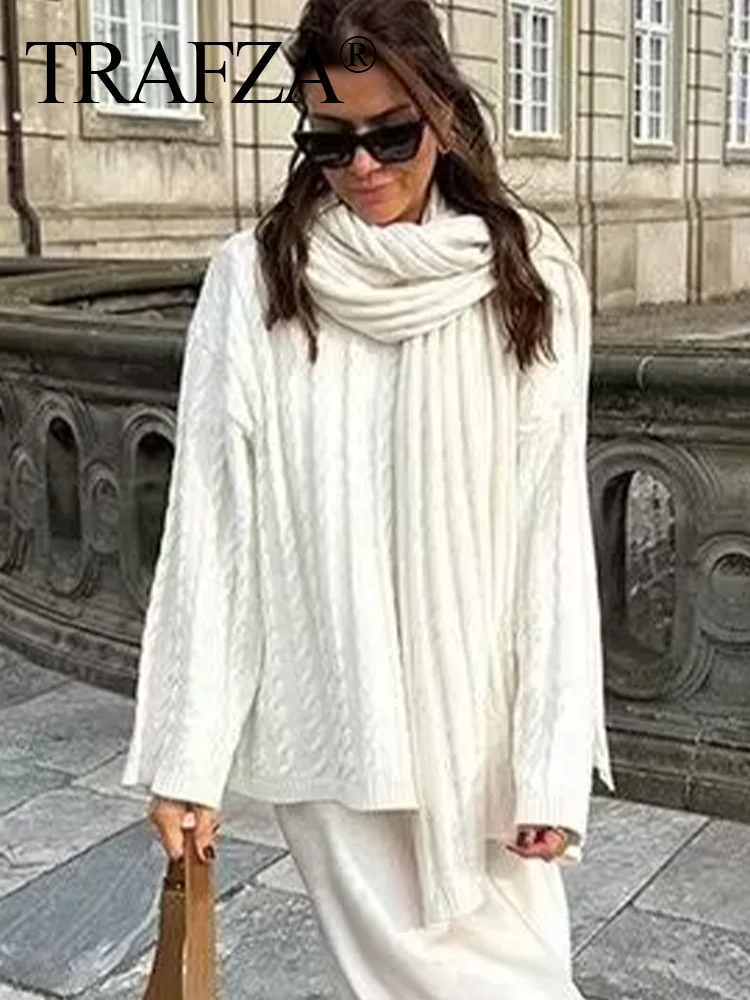 TRAFZA Female Winter Chic Scarf Style Decorated Solid O-Neck Pullover Women's Sweater Long Sleeve Tightness Knitting Top Mujer