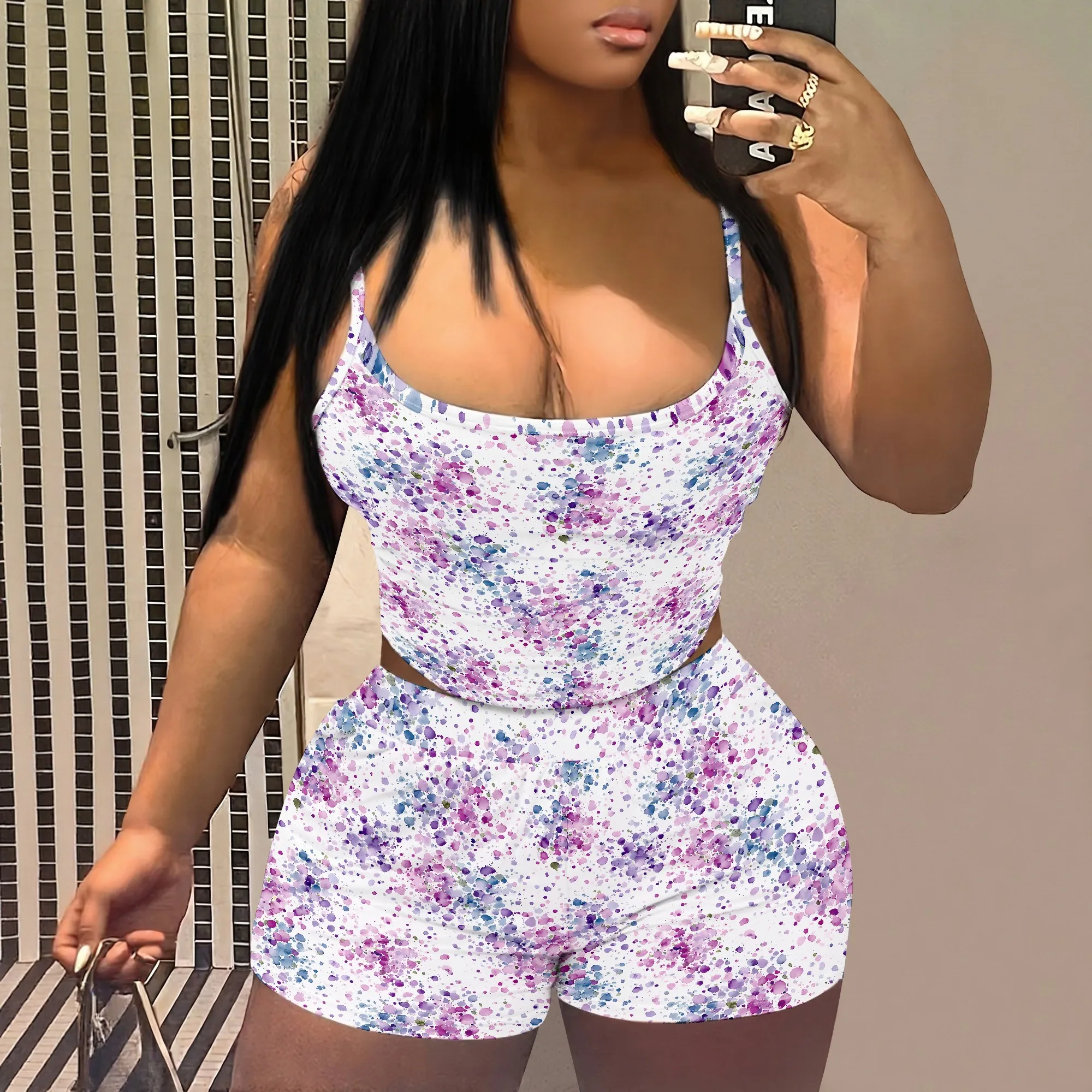 Floral Print Cami Set, Purple Blue Tie Dye Top And Shorts, Women's Summer Lounge Wear, Beach Vacation Outfit, S-2XL