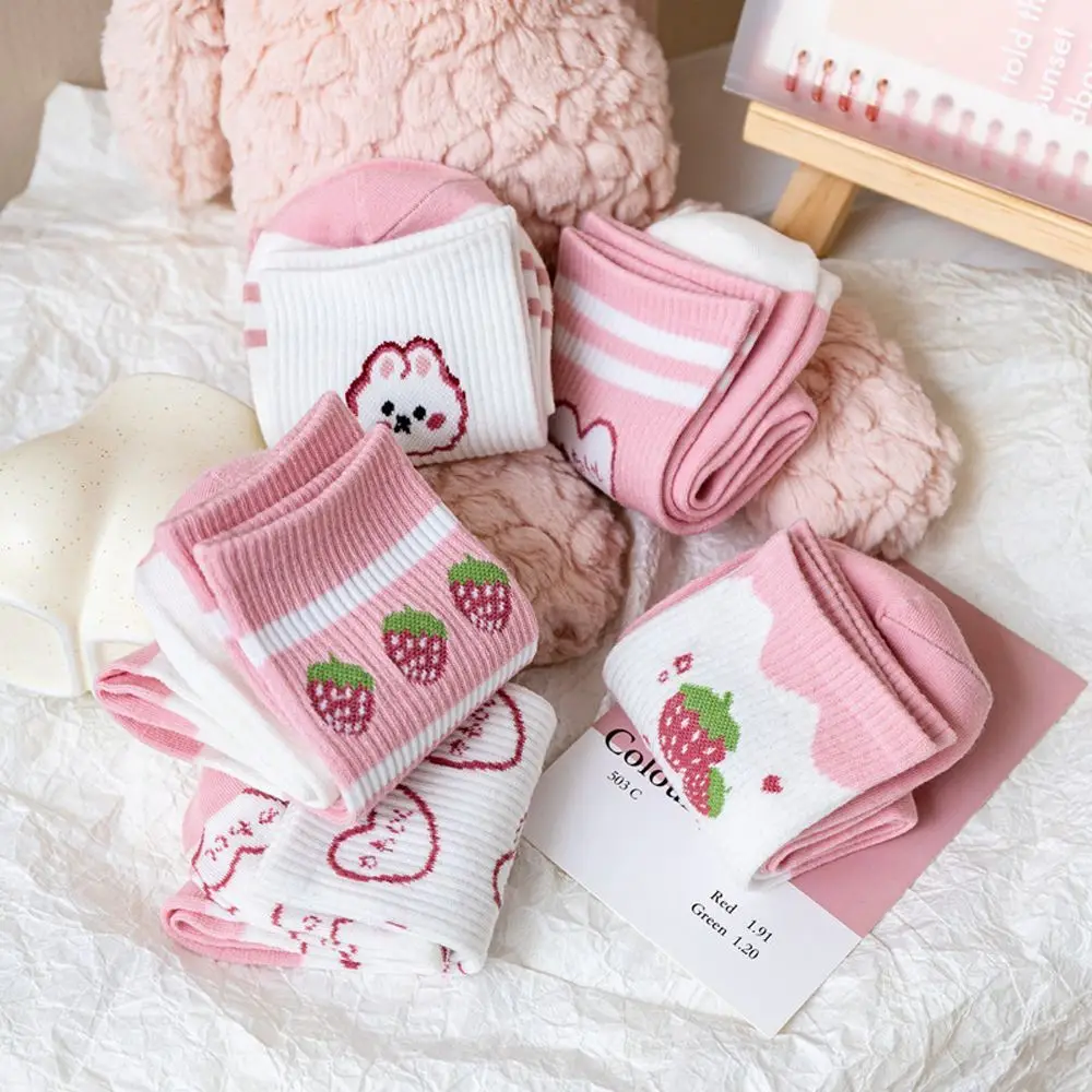 Women's Sweet Strawberry Print Socks Fashion Rabbit Comfortable Cotton Socks Korean Style Mid-Calf Socks