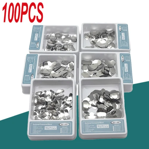 Kit de banda de matrices contorneadas seccionales de matriz Dental, anillos de Metal, materiales de matriz de odontología, formación de dientes, 100 Uds.