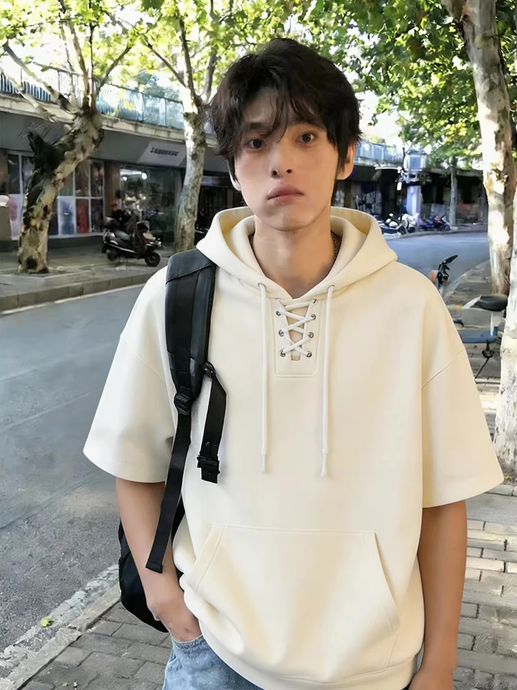 Youth Casual Loose Fit Hoodie T-Shirt Short Sleeve Men's Summer Comfortable Soft Vintage Style Drawstring Design T-Shirt