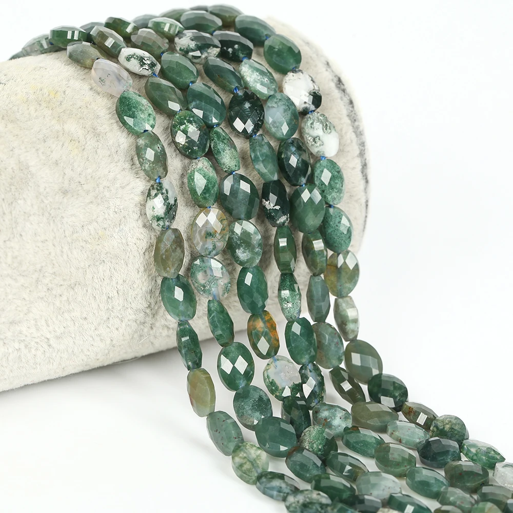 23pcs 6x8mm Faceted Natural Stone Beads Moss Agate Oval Loose Beads for Jewelry Making DIY Bracelet Accessories 7inches