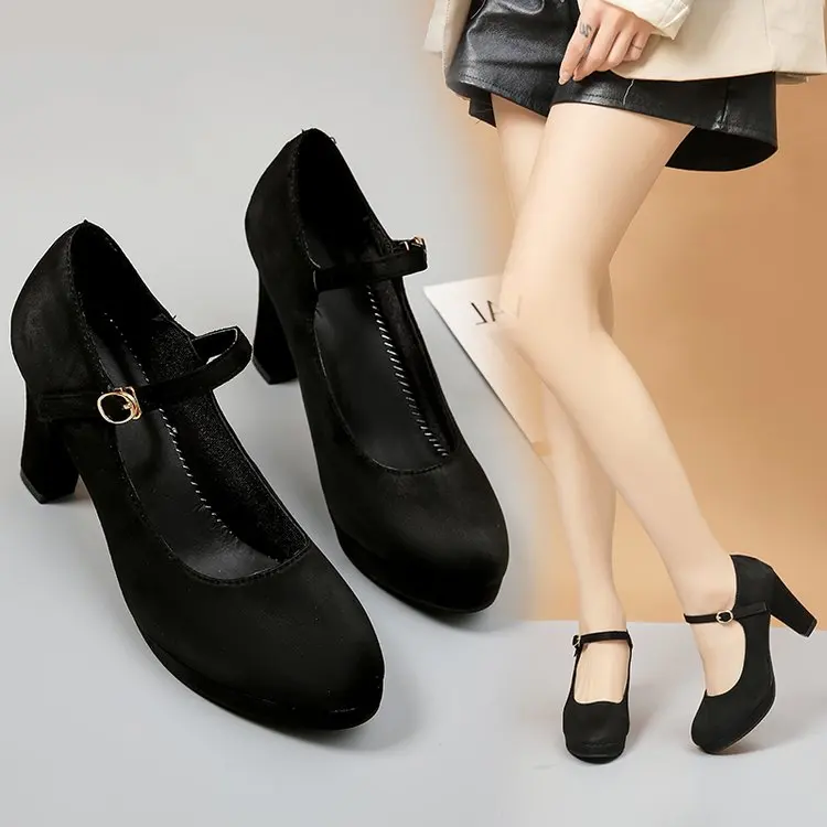 Pointed Toe Thin Heel One Word Buckle Band Womens Pumps Sexy Solid Flock Platform Work Shoes big Size High Heels