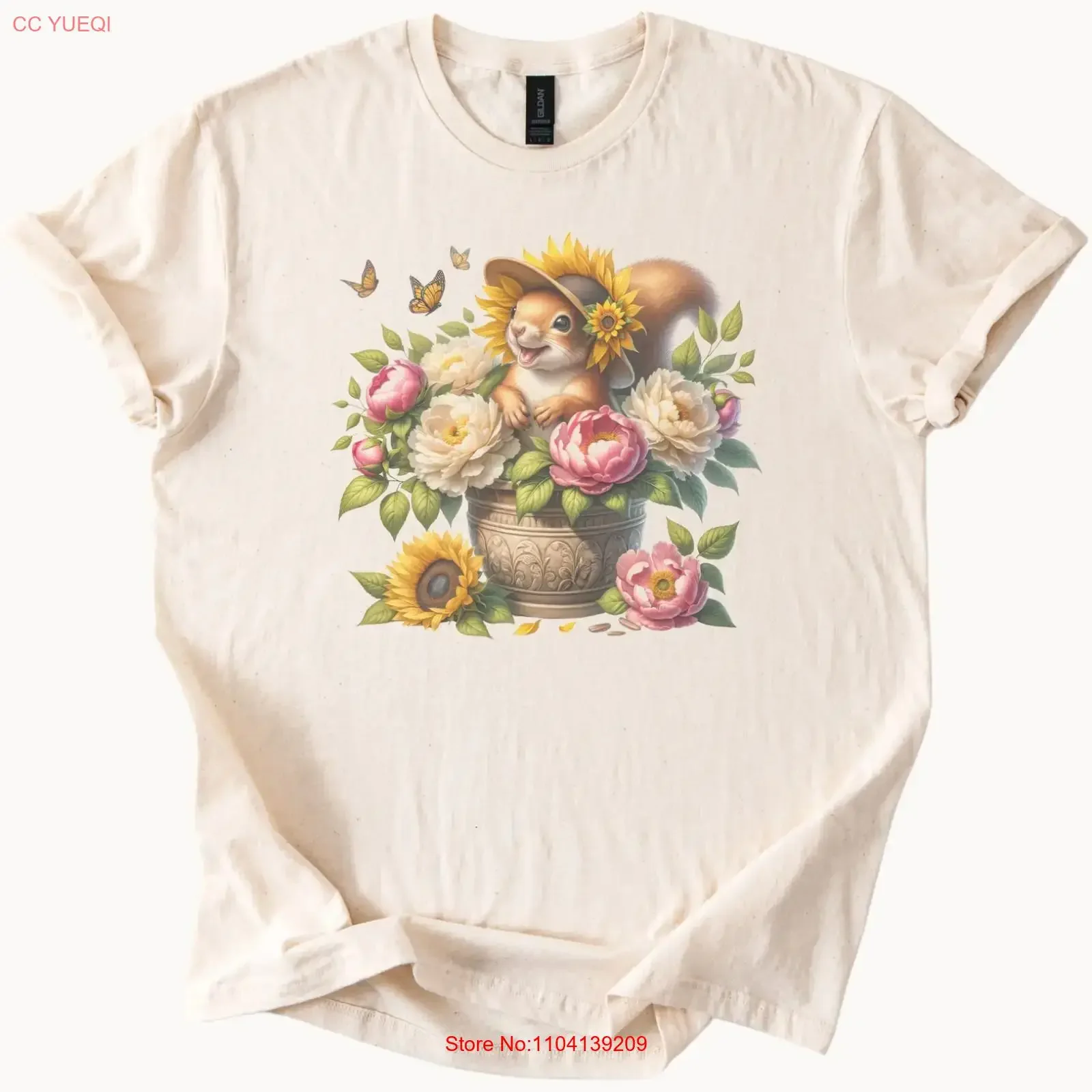 Squirrel in Sunflower Hat with Peonies and Butterflies T Shirt vintage Washed Comfortable homme Unisex Stylish Soft Breathable