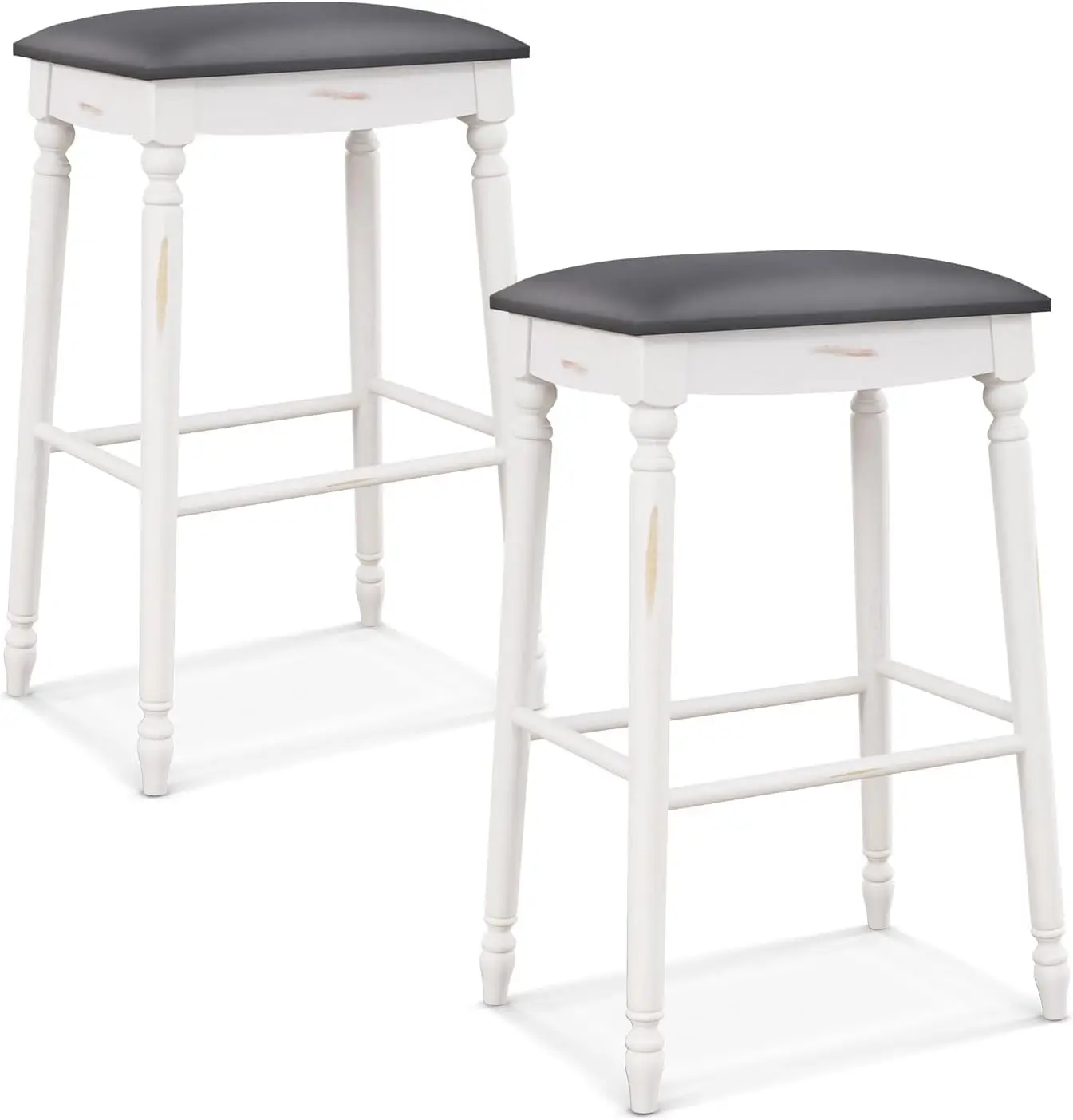 Costway Upholstered Bar Stools Set Of 2, 24-Inch Backless Counter Height Dining Stools With Delicate Wood Carving, Footrest,