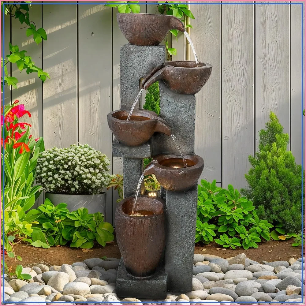 Modern Outdoor Fountain 5 Crocks with LED Light for Garden Patio Deck Porch Backyard Home Art Decor
