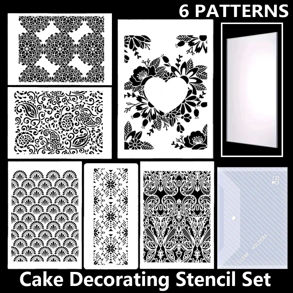 6-Piece Cake Decorating Stencil Template Set, Holiday & Couple Style Patterns, with Cake Scraper and Storage Bag