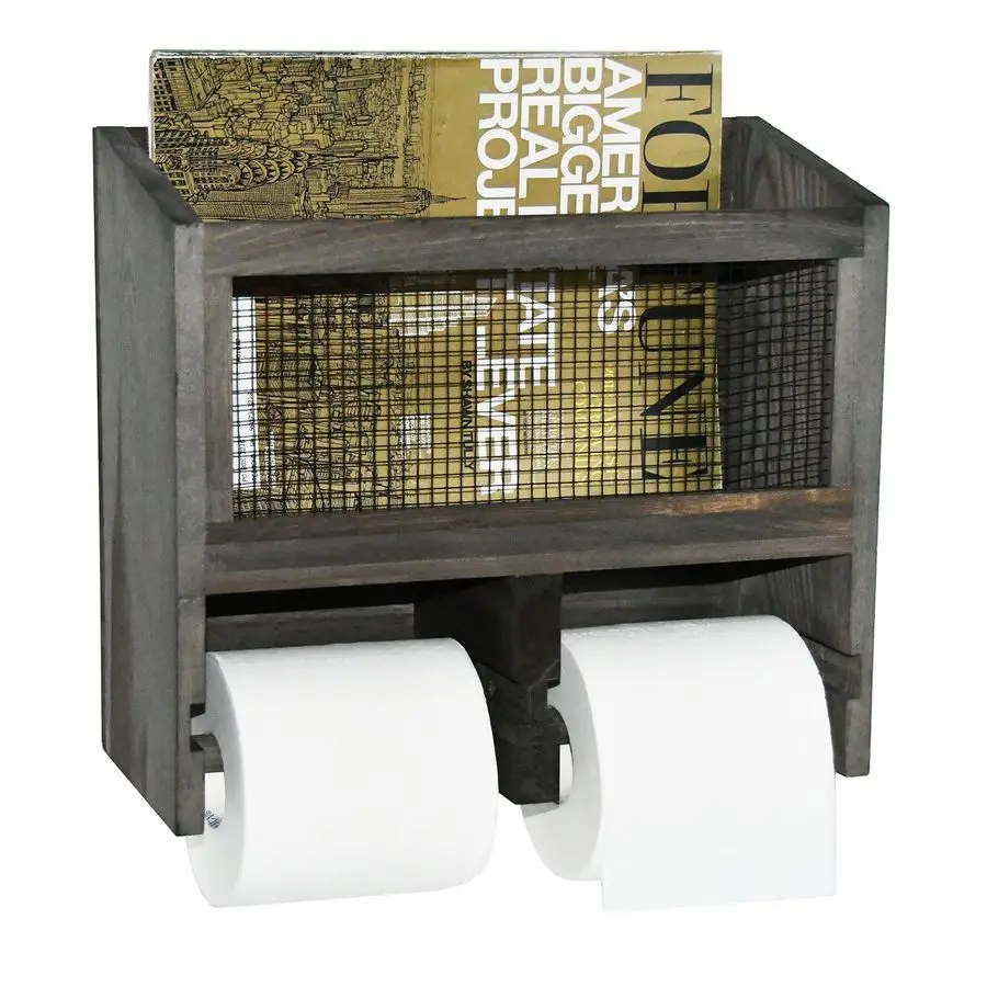 

Vintage Gray Solid Wood amp Metal Mesh Wall Mounted Dual Toilet Paper Roll Dispenser amp Magazine Holder Basket