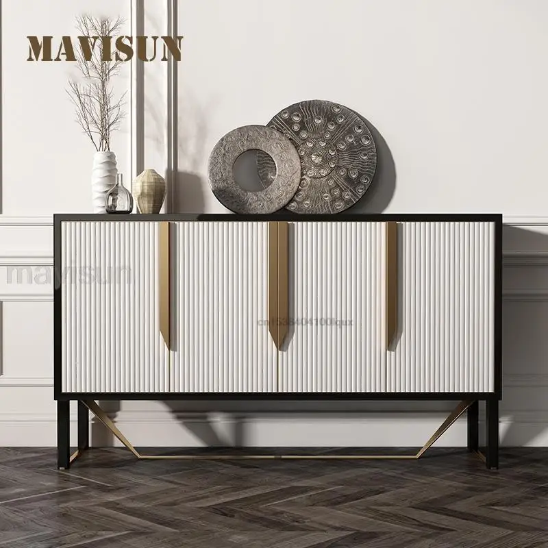 American Style Hallway Decoration Glossy Cabinet With 3 Doors Modern Sideboard Light Luxury Home Storage Sideboard Buffet White